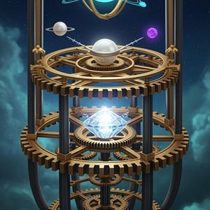 Puede incluir: Una estructura mecánica vertical con engranajes dorados y pilares oscuros. La sección superior muestra una esfera cian brillante dentro de anillos, mientras que la sección central contiene una esfera blanca y un cristal tallado brillante.