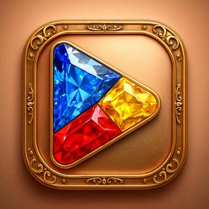 May include: A gold-colored, ornate frame surrounds a square with a play button design. The play button is made of three jewel-like shapes in blue, yellow, and red. The background is a solid, warm brown.