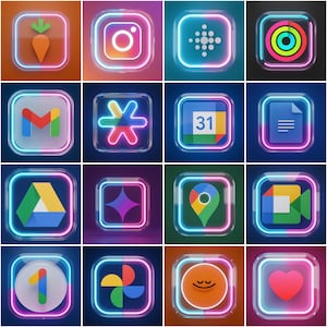 May include: Sixteen app icons with a neon glow effect, representing various applications. The icons, including social media and productivity apps, are encased in clear, square frames with a vibrant neon border. The design has a modern, digital aesthetic, with a focus on bright colours.