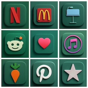 May include: A grid of nine square icons on a dark green background. The icons feature a red N, a yellow M, a light blue podium, a white Reddit alien, a pink heart, a purple music note, an orange carrot, a white P, and a white star.