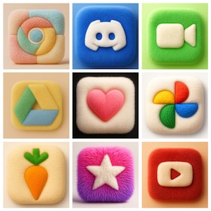 Puede incluir: Nueve iconos cuadrados con una textura esponjosa, cada uno representando un símbolo familiar. Incluyen un logotipo de Chrome colorido, un logotipo de Discord blanco sobre azul, una cámara de video sobre verde, un logotipo de Google Drive, un corazón rosa, un símbolo de foto colorido, una zanahoria, una estrella blanca sobre rosa y morado, y un botón de reproducción de YouTube.