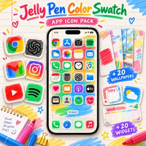 Può includere: Una visualizzazione digitale di un pacchetto di icone app Jelly Pen Color Swatch con uno schermo di smartphone, icone colorate in stile disegno a mano, venti sfondi e venti widget su uno sfondo di carta a righe con pennarelli e clip.