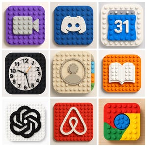 Peut inclure: Neuf icônes colorées en forme de briques Lego représentant diverses applications. Les icônes incluent une caméra vidéo, le logo Discord, un calendrier, une horloge, un contact, un livre, le logo ChatGPT, le logo Airbnb et le logo Chrome.