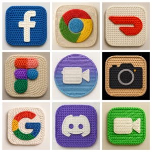 Op de afbeelding: Een verzameling van negen gehaakte app-pictogrammen, waaronder Facebook, Chrome en Instagram. Elk pictogram is vierkant of cirkelvormig, met een getextureerd, handgemaakt uiterlijk. Het kleurenpalet is levendig, met blauw, rood, groen en geel, met een neutrale achtergrond.