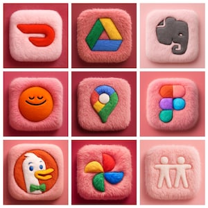 May include: Nine square pink fluffy icons with various colorful designs. The icons include a red and orange logo, a Google Drive logo, an elephant, a smiling face, a Google Maps pin, a colorful pill, a duck, a colorful pinwheel, and two stick figures.
