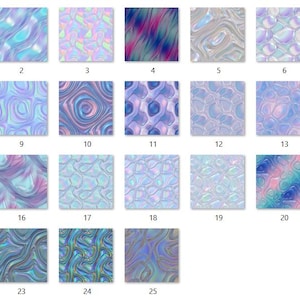 May include: A collection of 25 digital papers with iridescent, swirling, and textured designs. The color palette includes shades of blue, purple, pink, and silver, creating a holographic effect. These papers are suitable for various digital art projects.