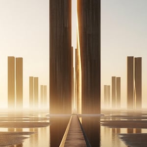 May include: A long, straight concrete walkway leads toward a pair of towering, dark, rectangular pillars. These structures rise from a reflective, shallow body of water, surrounded by several smaller, identical pillar pairs in the hazy distance.
