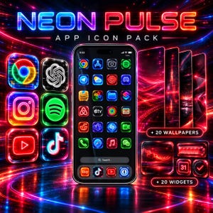 以下が含まれることがあります： NEON PULSE APP ICON PACKというタイトルのデジタル製品ディスプレイ。光るネオンのアプリアイコンが表示されたスマートフォン画面、20枚の抽象的な赤と黒の壁紙、20個の赤いネオンウィジェットが、光の軌跡がある暗い背景に配置されています。