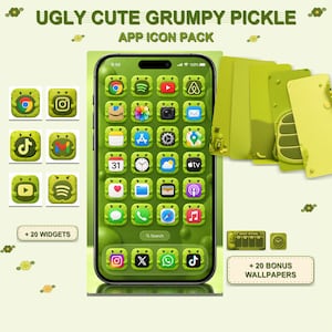May include: A digital app icon pack titled UGLY CUTE GRUMPY PICKLE featuring a smartphone screen with green, textured pickle-themed icons. The set includes custom app icons, twenty widgets, and twenty bonus wallpapers in various shades of green.