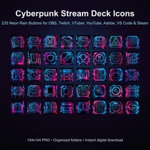 Könnte beinhalten: Eine Sammlung von 235 digitalen Symbolen mit dem Titel Cyberpunk Stream Deck Icons, die neonblaue und rosafarbene quadratische Tasten mit Regeneffekt für Software wie OBS, Twitch und Adobe zeigen. Die Symbole sind in einem Raster auf dunklem Grund.