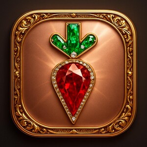 May include: A jeweled carrot design on a gold-framed, copper-colored background. The carrot features a large red gemstone body with a diamond border and green gemstone leaves. The gold frame has an ornate, scrollwork design.