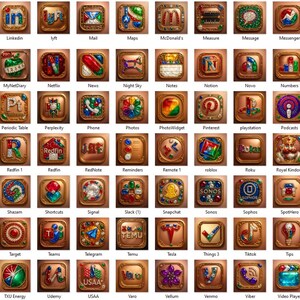 May include: A collection of intricately designed app icons, each set within a square, bronze-colored frame. The icons feature various colorful graphics representing different apps, such as social media, productivity, and entertainment.