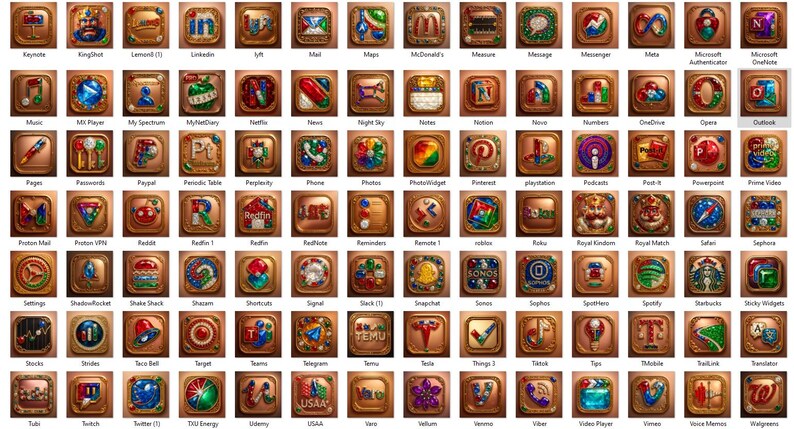 May include: A collection of intricately designed app icons, each set within a square, bronze-colored frame. The icons feature various colorful graphics representing different apps, such as social media, productivity, and entertainment.
