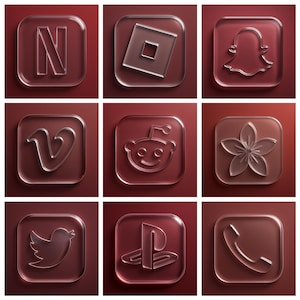 Op de afbeelding: Negen heldere, vierkante iconen met reliëfontwerpen, waaronder de Netflix 'N', Roblox-logo, Snapchat-geest, Vimeo-symbool, Reddit-alien, bloem, Twitter-vogel, PlayStation-logo en een telefoonhoorn, tegen een rode achtergrond.