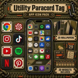 Può includere: Una visualizzazione digitale di un pacchetto di icone app Utility Paracord Tag con uno schermo di smartphone, varie icone, 20 sfondi e 20 widget. Il design presenta una texture in tessuto verde oliva con bordi cuciti.