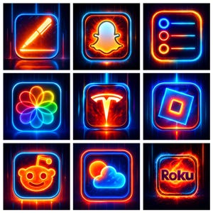 Könnte beinhalten: Neun App-Symbole mit Neon-Umrissen und leuchtenden Innenräumen. Die Symbole umfassen einen Stift, einen Snapchat-Geist, eine Liste, eine Blume, ein Tesla-Logo, ein Roblox-Quadrat, einen Reddit-Alien, eine Sonne und eine Wolke sowie ein Roku-Logo.