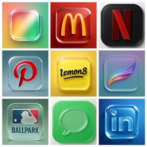 May include: Nine transparent, square app icons with rounded corners. Icons include the McDonald's golden arches, Netflix logo, Pinterest logo, Lemon8 logo, a colourful brushstroke, a baseball stadium, a speech bubble, and a LinkedIn logo.