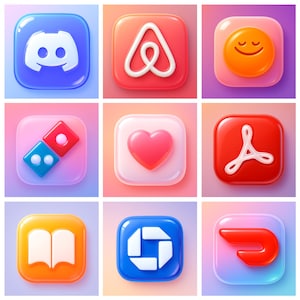 May include: Nine colorful, glossy app icons on a gradient background. Icons include a white Discord logo on blue, a white Airbnb logo on red, a smiling face on orange, Domino's logo, a pink heart, Adobe logo, an open book, Chase logo, and a DoorDash logo.
