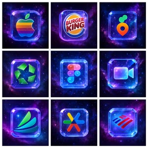 以下が含まれることがあります： 宇宙を背景に、光る透明な正方形のアイコンが9つ。アイコンには、Appleの虹色のリンゴ、バーガーキング、位置ピン付きのニンジン、リサイクルのシンボル、ピル、ビデオカメラ、緑と青のラインのロゴ、カラフルなスターバースト、バンクオブアメリカのロゴなど、認識できるロゴが使用されています。