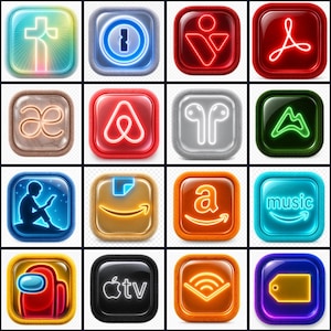 May include: Sixteen app icons with a neon glow effect. Icons include a cross, a keyhole, a stylized person, the Adobe logo, a stylized 'ae', the Airbnb logo, AirPods, a mountain, a person reading, the Amazon logo, and more.