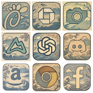 May include: Nine square illustrations in a Japanese woodblock print style. Each features a logo: Chick-fil-A, Chase, a camera, a mountain, ChatGPT, Discord, Amazon, Chrome, and Facebook. The background includes waves, mountains, and cherry blossoms.