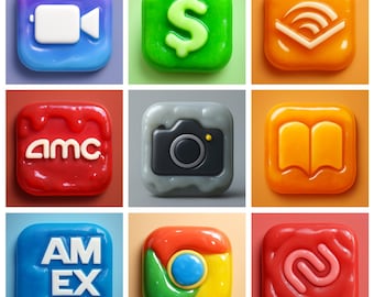 Op de afbeelding: Een verzameling van negen kleurrijke, glanzende app-pictogrammen. De pictogrammen omvatten een videocamera, een dollarteken, een audioboeksymbool, de letters "AMC", een camera, een open boek, de letters "AM EX", een Chrome-logo en een dubbel lus-symbool.