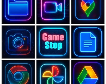Pakiet 100 ikon aplikacji w stylu Cyberpunk Neon Motyw ikon iOS i popularne aplikacje Aktualizacje na całe życie