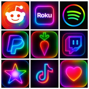 May include: Nine neon-style app icons on a black background. The icons include Reddit, Roku, Spotify, PayPal, a carrot, Twitch, a star, TikTok, and a heart, each with a vibrant, glowing outline in various colours.