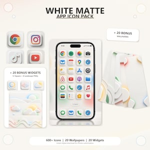 以下が含まれることがあります： WHITE MATTE APP ICON PACKというタイトルのデジタルアプリ用アイコンパック。ホワイトマットなアイコンが表示されたスマートフォン画面、20個のボーナスウィジェット、20枚のボーナス壁紙が含まれています。600個以上のアイコン、20枚の壁紙、20個のウィジェットがセットになっています。