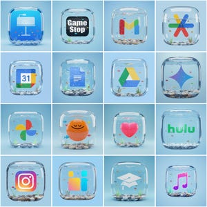 May include: A series of clear, square glass containers, each with a different logo or icon inside, submerged in water with small fish and pebbles. Logos include GameStop, Instagram, and Hulu.
