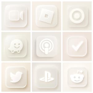 May include: Nine white, square icons with rounded corners. The icons depict symbols such as a video camera, a square within a square, a target, a ghost character, a podcast symbol, a tick, a bird, a PlayStation symbol, and a smiling alien.