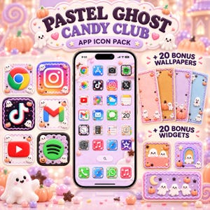 May include: A digital app icon pack titled Pastel Ghost Candy Club featuring a smartphone display with custom pastel-themed icons, 20 bonus wallpapers, and 20 bonus widgets. The design includes small ghost and pumpkin graphics throughout.