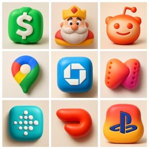 May include: A collection of nine vibrant, 3D-rendered icons. The icons feature a green dollar sign, a king, a Reddit alien, a Google Maps pin, a Chase logo, a play button, a Fitbit logo, a red curved shape, and a PlayStation logo.