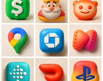 May include: A grid of nine colorful, 3D-rendered icons. The icons include a green dollar sign, a king, a Reddit alien, a Google Maps pin, a Chase logo, a play button, a Fitbit logo, a red curved shape, and a PlayStation logo.