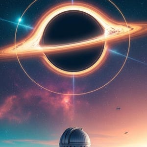 May include: A large black hole with a glowing orange accretion disk sits in a dark starry sky above a white domed observatory building. The observatory is situated on a snow-covered mountain peak with a path leading up to the structure.