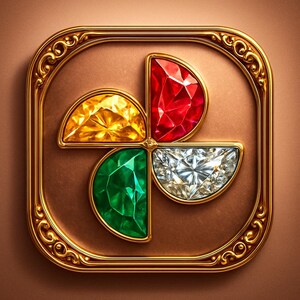 May include: A square, gold-framed emblem featuring four jewel-toned gemstones. The gemstones are arranged in a pinwheel design: yellow, red, green, and white. The frame has ornate detailing, and the background is a warm brown.