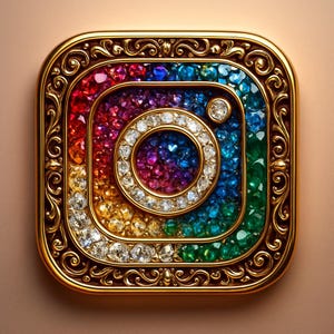 May include: A jeweled Instagram logo in a square shape with rounded corners. The logo is filled with a rainbow of gemstones, surrounded by a gold filigree frame. The center circle and dot are also encrusted with gems.