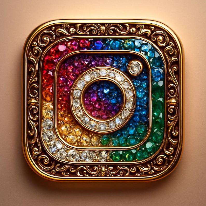 May include: A jeweled Instagram logo in a square shape with rounded corners. The logo is filled with a rainbow of gemstones, surrounded by a gold filigree frame. The center circle and dot are also encrusted with gems.
