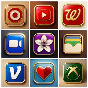 Puede incluir: Nueve iconos de aplicaciones coloridos con borde dorado. Los iconos incluyen un objetivo, un botón de reproducción, una "W" estilizada, una cámara de video, una flor, un tarjetero, una "V", un corazón y un símbolo "X".