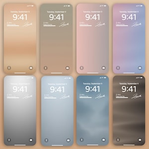 Puede incluir: Ocho pantallas de bloqueo de teléfonos inteligentes con fondos degradados en tonos de naranja, marrón, rosa, morado, gris, azul y marrón oscuro. Cada pantalla muestra la hora 9:41, la fecha y una firma.