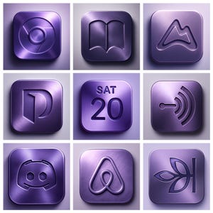 May include: Nine square, metallic purple icons with embossed designs. Icons include a book, mountain, calendar with "SAT 20", Wi-Fi symbol, Discord logo, Airbnb logo, and a plant. The icons have a brushed metal texture.