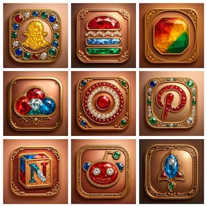 May include: Nine square images featuring ornate, jewel-encrusted designs. Each square has a gold-colored frame. The designs include social media app logos like Snapchat, Pinterest, and Reddit, rendered with colorful gems and jewels.