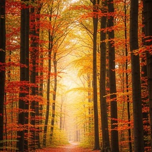 May include: A narrow dirt path winds through a dense forest of tall, dark tree trunks. The ground is covered in a thick layer of fallen red and orange leaves, while the canopy above glows with vibrant autumn foliage in shades of gold and crimson.