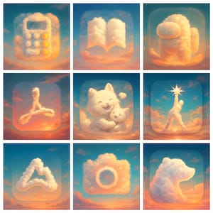 May include: Nine square images featuring cloud-like illustrations against a sky background. The images depict a calculator, open book, Among Us character, PDF symbol, mother cat and kitten, person reaching for a star, mountain, camera, and bear.