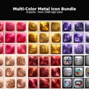 May include: A collection of multi-color metal app icons in various colors, including red, gold, and purple. The image features a variety of app icons, such as social media, shopping, and productivity apps. The text at the top reads "Multi-Color Metal Icon Bundle".