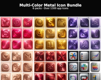 May include: A selection of multi-coloured metal app icons in shades of red, gold, and purple. The image showcases a variety of app icons, including social media, shopping, and productivity apps. The text at the top reads "Multi-Color Metal Icon Bundle".