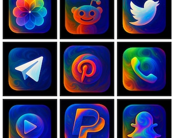 Op de afbeelding: Negen vierkante app-pictogrammen met een wervelend, regenboogkleurig ontwerp op een donkerblauwe achtergrond. Pictogrammen zijn onder meer een bloem, Reddit-alien, Twitter-vogel, Telegram-vliegtuig, Pinterest-logo, telefoon, afspeelknop, PayPal-logo en Snapchat-geest.