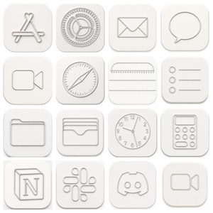May include: A grid of sixteen white square app icons featuring thin silver line art illustrations. The icons depict various symbols including a compass, clock, calculator, folder, envelope, speech bubble, and several software application logos.