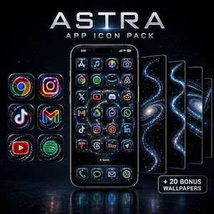 Könnte beinhalten: Astra App-Icon-Paket mit einem Smartphone-Display, das leuchtende, weltraumthematische App-Icons vor einem dunklen, sternenklaren Hintergrund zeigt. Das Set enthält verschiedene bunte, neonfarbene Icons und 20 Bonus-Hintergrundbilder mit Galaxienmotiven.