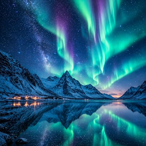 May include: A vibrant aurora borealis with streaks of green and purple light illuminates a dark night sky filled with stars above snow-covered mountain peaks. The scene is reflected in the calm, dark water of a lake in the foreground.